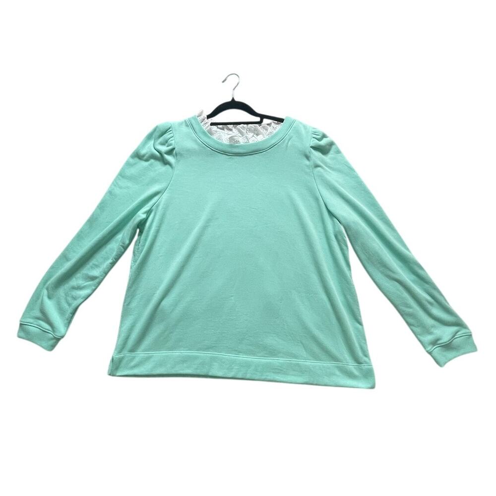 Crown & Ivy Women XL Pastel Turquoise Puff Sleeve Lace Eyelet Soft Cozy Lux EUC